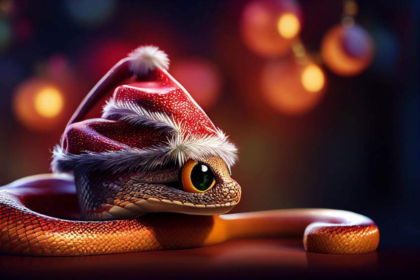 Snake Deer Face. Christmas Snake With Santa Hat.