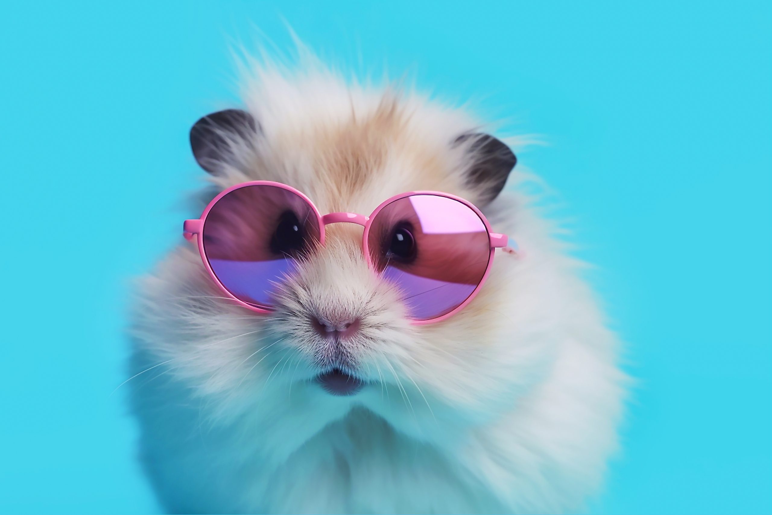 Fluffy Hamster In Sunglasses Sitting On Blue Background Front View, Created With Generative Ai Technology.